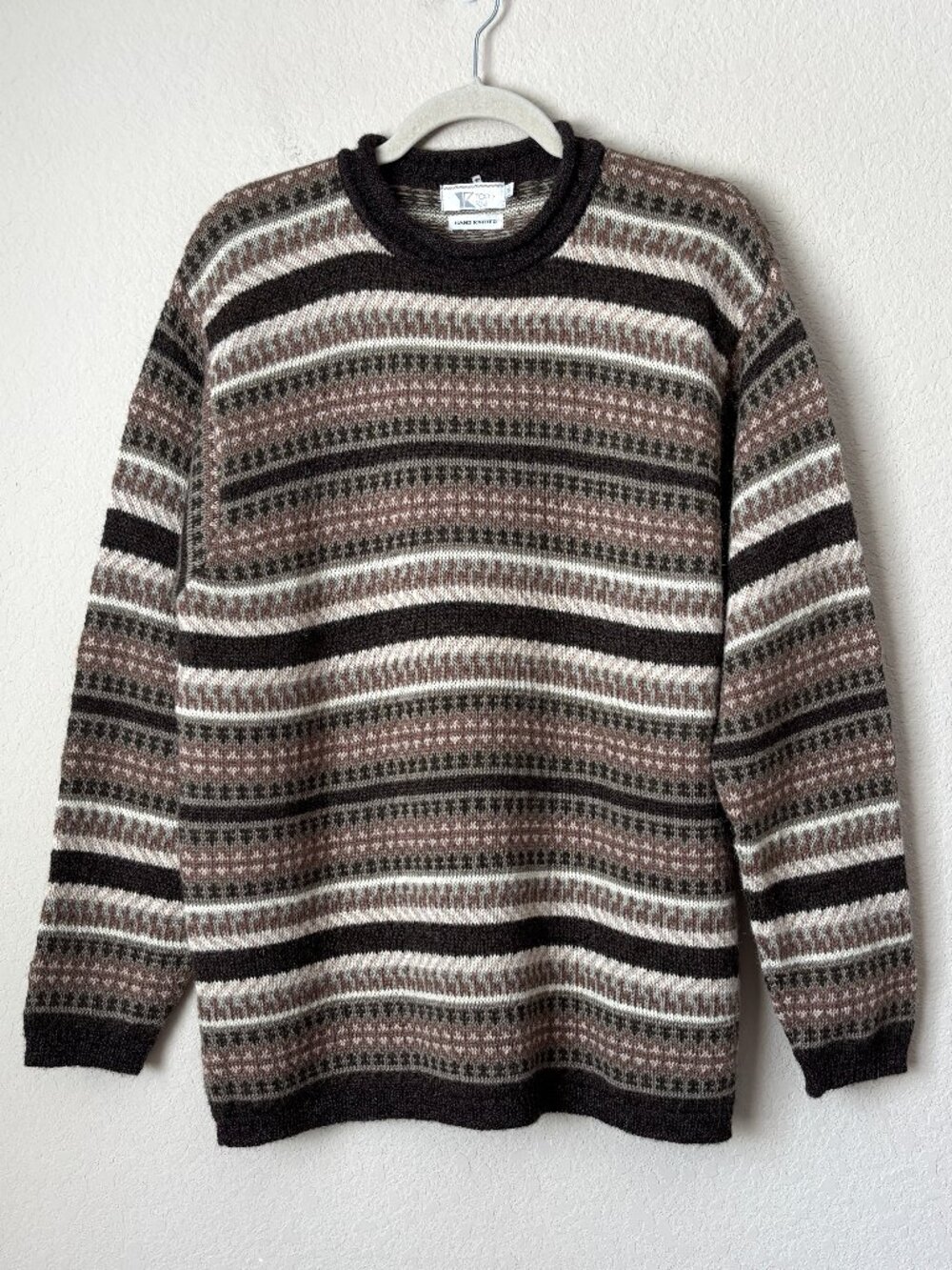 Vintage 100% Alpaca Hand Knitted Roll Neck Striped Sweater
